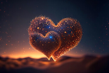 A couple of beautiful abstract 3D hearts made with lights and stars on a clean night sky blurred background in a desert for St. Valentine's Day, weddings, anniversary or Mothers day. Generative AI