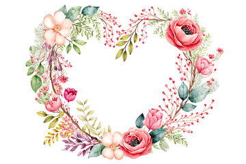 Beautiful illustration of watercolour flowers and plants in a heart shaped frame on a clean white background for St. Valentine's Day, weddings, anniversary or Mothers day. Generative AI