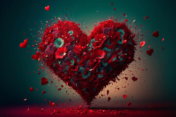 beautiful red 3d heart explosion with petals, flowers and hearts spreading everywhere on a clean background for St. Valentine's Day, weddings, anniversary or Mothers day. Generative AI