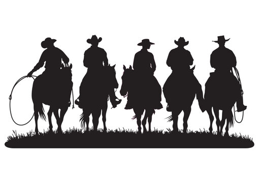 A vector silhouette 5 cowboys riding horses. Two of the ranch cowboys are holding lariats / ropes.