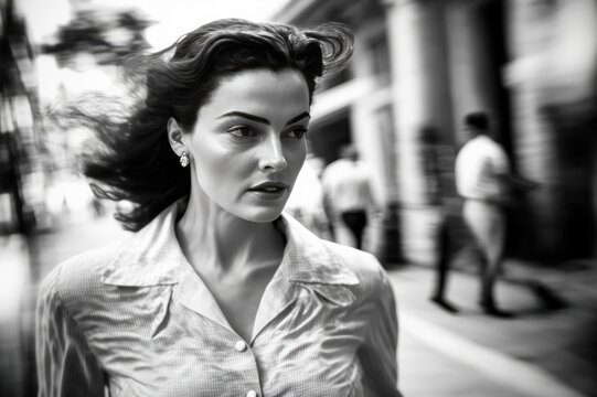 young woman walking in Cape Town South Africa in 1955. monochromatic vintage. This image was created with generative AI