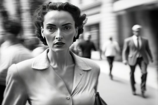 young woman walking in Chicago in 1955. monochromatic vintage. This image was created with generative AI