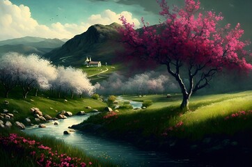 Spring landscape of a cherry tree near a river with a church and mountains in the background