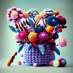 Bouquet of flowers made from knitting in bold colors and well detailed, generated by AI