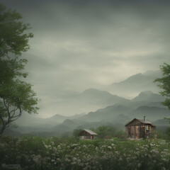 farm in the middle of a mountain range with a field of flowers in front and some trees with a cloudy sky, generated by AI
