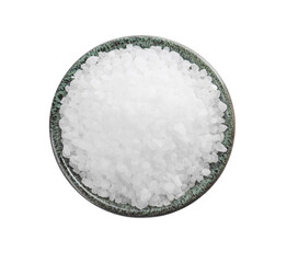 Bowl with natural sea salt isolated on white, top view