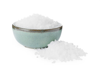 Ceramic bowl and heap of natural sea salt isolated on white