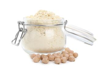Chickpea flour in glass jar and seeds isolated on white