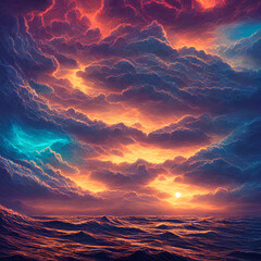 view of the sea with various cloud formations with different colors, generated by AI