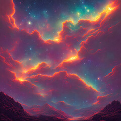 sky of nebulae on a planet with many mountains, in the sky there are many stars, generated by AI