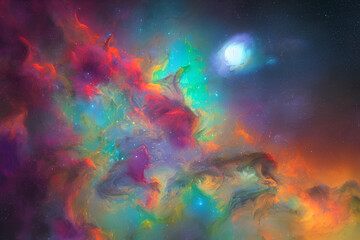 Obraz na płótnie Canvas multicolored nebula with planet in the background, generated by AI