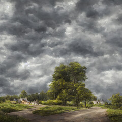 realistic painting of farm with rainy weather and vegetation with some trees, generated by AI