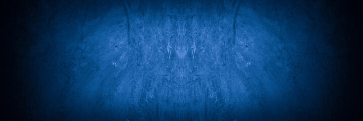 Old wall pattern texture cement blue dark abstract  blue color design are light with black gradient background.