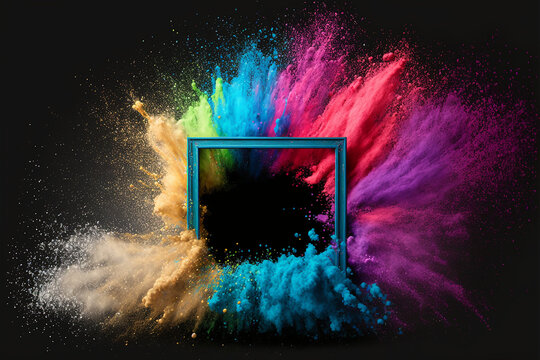 Abstract color splash with frame for wallpaper design. Colorful dust explode. 