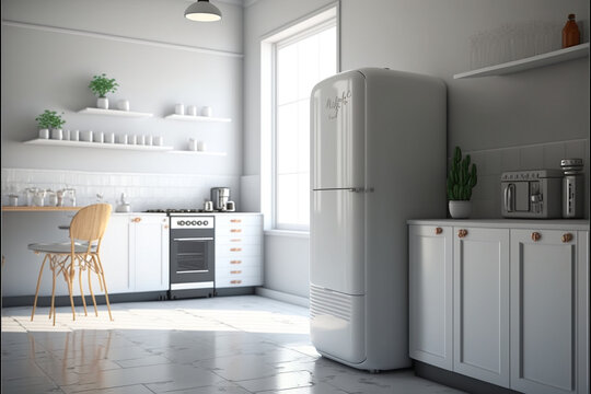Beautiful modern style kitchen interior design with white wall background, Generative AI
