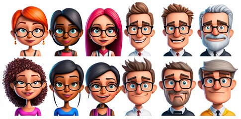 Smiling People Closeup Portrait Set Cute Cartoon Businessman Male and Female Avatars Multi-ethnic Man and Woman Faces Isolated on White Background - obrazy, fototapety, plakaty