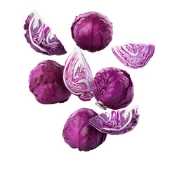 Delicious raw red cabbages flying on white background