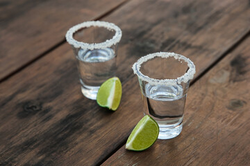 Mexican tequila shots with lime slices and salt on wooden table