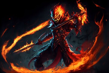 ‘Flameblade Ember’ - This figure depicts Ember Spirit wielding a sword made of fiery energy. The figure is a dynamic, action-pose with flames engulfing the sword and Ember's body (AI Generated)