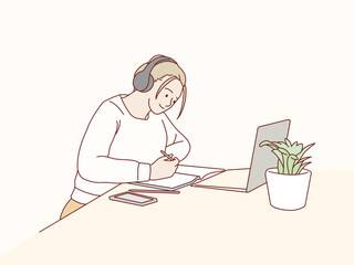 Happy young girl in headphones at laptop studying writing on desk simple korean style illustration