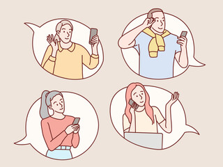 Various people communicated each other inside bubble speech simple korean style illustration