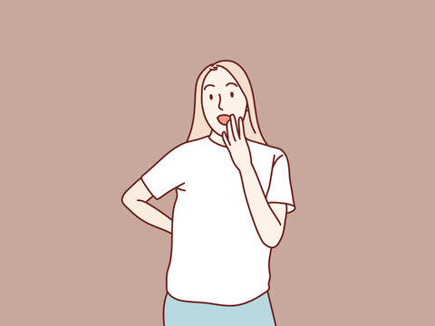 Happy Young Woman Surprise Gesture Covering Mouth With Hand Simple Korean Style Illustration