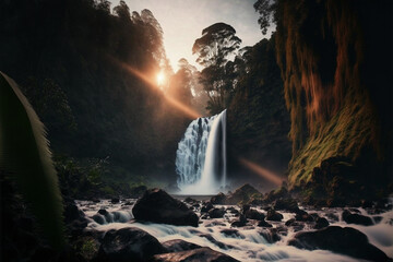 beautiful waterfall on sunrise with water flowing in the foreground mystical scenery