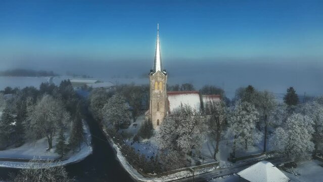 Aerial view of the Church of the Blessed Virgin Mary (Püha Neitsi Maarja) in Jõelahtme, Estonia.