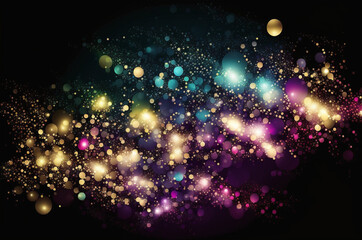 Fototapeta na wymiar Cyan, golden, purple and blue particles blurry scene solid black background. Generative AI.