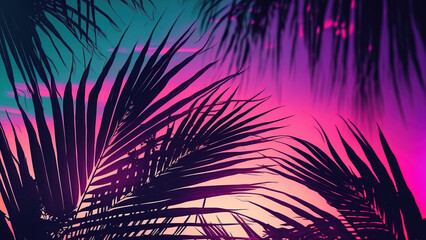 Palm leaves on the Pink Neon sunset. Generative AI. Fantasy scenery. Background.