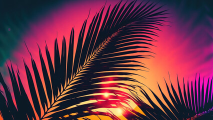 Fototapeta na wymiar Palm leaves on the Pink Neon sunset. Generative AI. Fantasy scenery. Background.