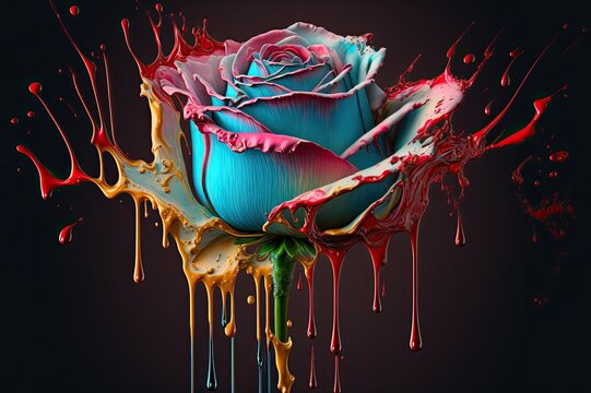 Blue Rose with Paint Drips on Black Background