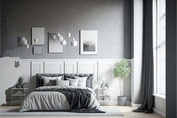Modern bedroom  neutral colors such as white, black, gray, and beige create a sense of calm and serenity, Generative AI 