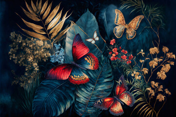 Tropical background wallpaper of palm leaves and roses with colorful butterflies
