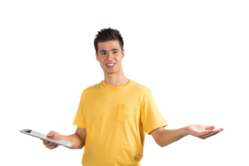 Teenage boy using tablet computer with hand open palm