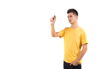 Teenage boy writing something on glass board or white board with marker