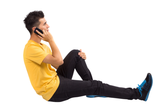 Full body Teenage boy portrait sitting using smart phone