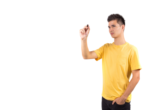 Teenage boy writing something on glass board or white board with marker