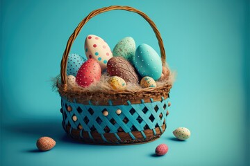 Illustration of basket full of easter eggs, blue background. Generative AI