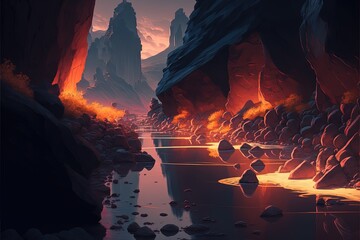 Landscape with canyons, river and scattered rocks night scene, anime style. generative AI