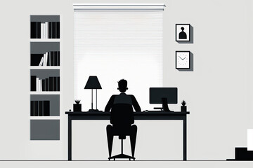 Minimalistic office interior with a single employee at desk, using laptop and smartphone, generative ai