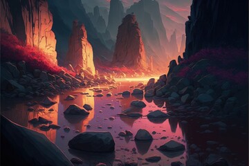 Landscape with canyons, river and scattered rocks night scene, anime style. generative AI