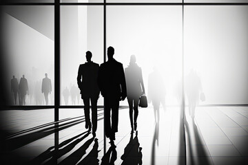 Fototapeta na wymiar Silhouette of office employees walking towards a bright light, in a modern glass building, generative ai