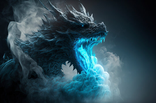 Dragon made of ice breathing frost. Mythological Creature. Volumetric Lighting