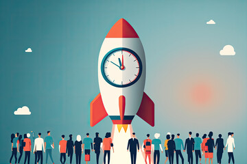 Team of entrepreneurs standing in front of a launch event, with a countdown clock, generative ai