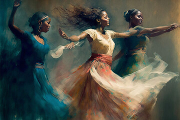Fototapeta na wymiar Women dancing and gesturing with abstract patterns. Photorealistic.