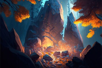 Forest landscape with rocks and trees, anime style. Generative AI