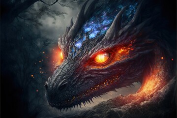 Mystical dragon with flames, gloomy forest in the background, fantasy concept. generative AI