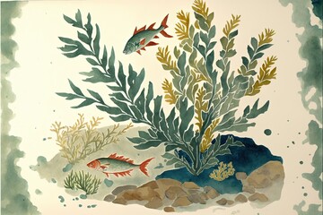 Coral fish and seaweed painting illustration, white background. Generative AI