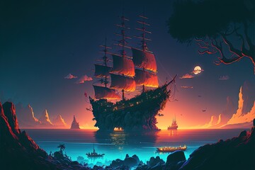 Fototapeta premium Landscape with pirate boat on sea and island, night scene. Generative AI